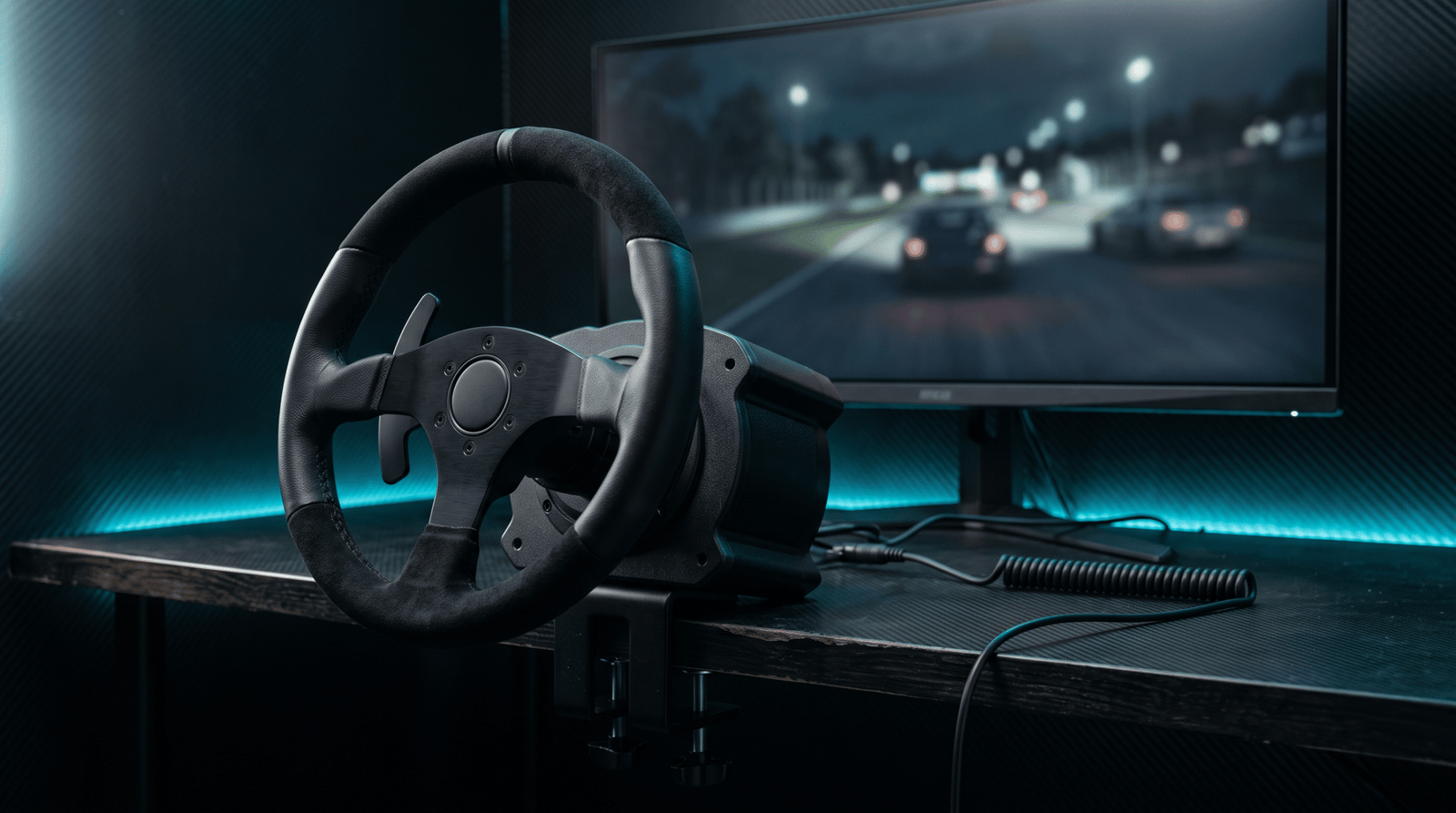 Volant de simracing à jante ronde gainée de cuir et d'alcantara, fixé par pince sur un plateau de bureau, devant un écran affichant une course de nuit sous éclairage bleu