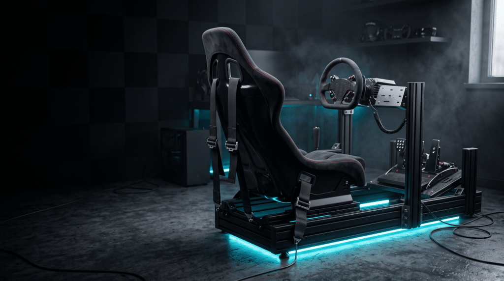 Châssis simracing en profilé aluminium vu de l'arrière, siège baquet équipé d'un harnais, volant rond et pédalier, éclairage bleu sous le cadre