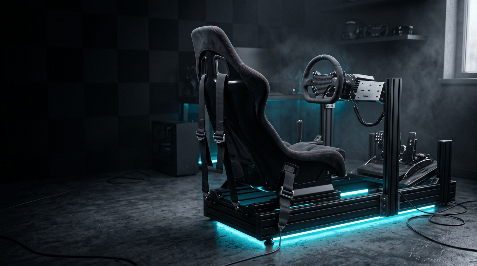 Châssis simracing en profilé aluminium vu de l'arrière, siège baquet équipé d'un harnais, volant rond et pédalier, éclairage bleu sous le cadre