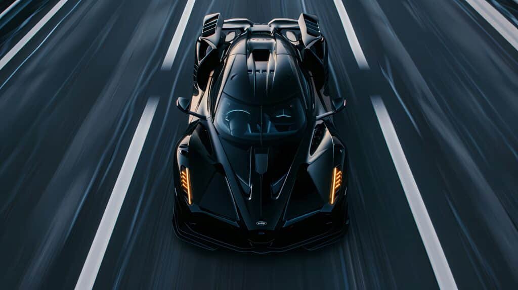 Hypercar noire vue de dessus roulant à grande vitesse sur une route aux lignes blanches