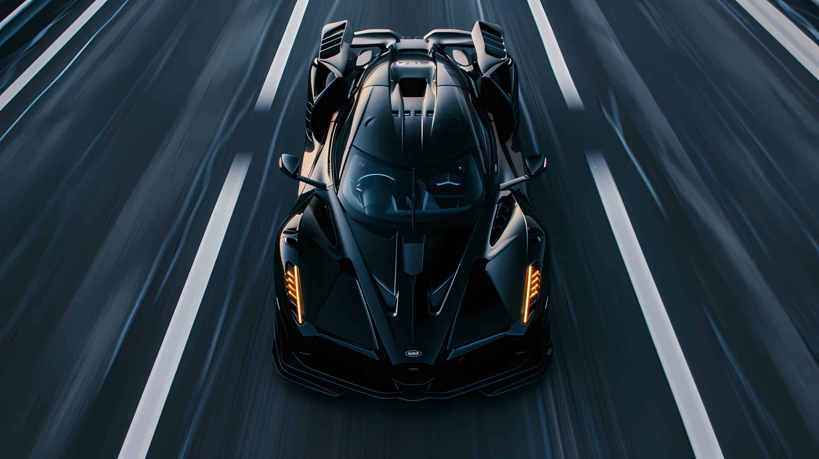 Hypercar noire vue de dessus roulant à grande vitesse sur une route aux lignes blanches
