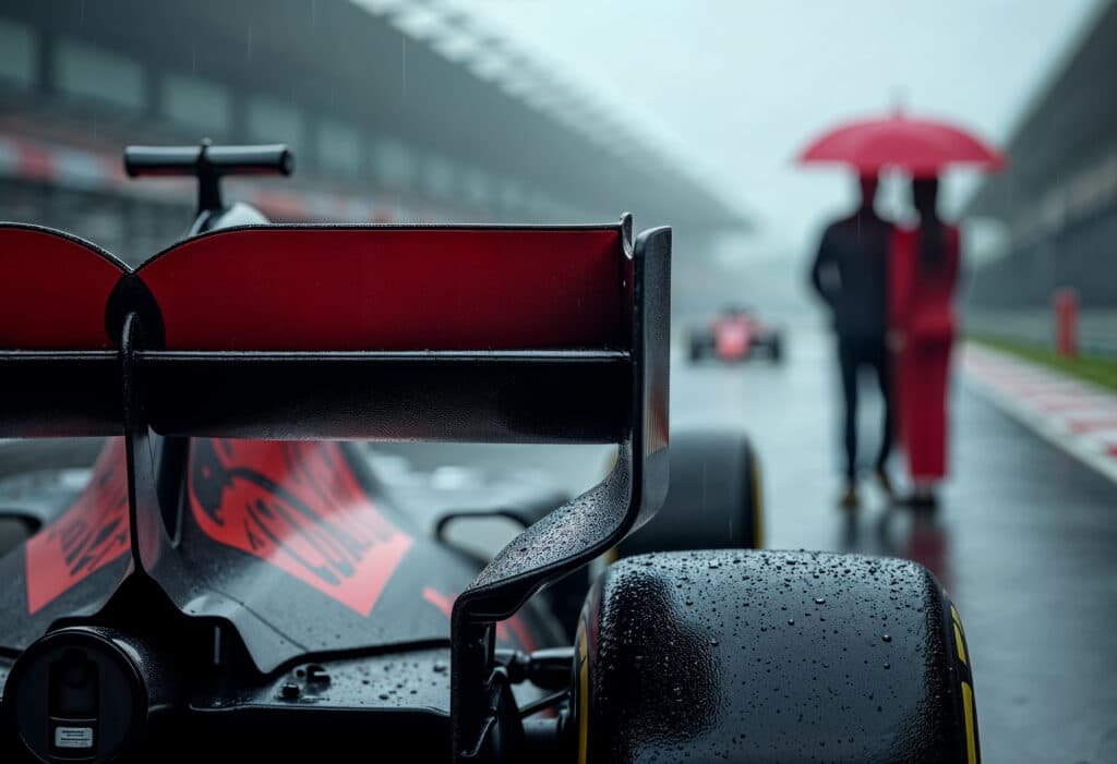 Aileron arrière d'une monoplace sous la pluie dans la voie des stands, deux personnes sous un parapluie rouge en arrière plan