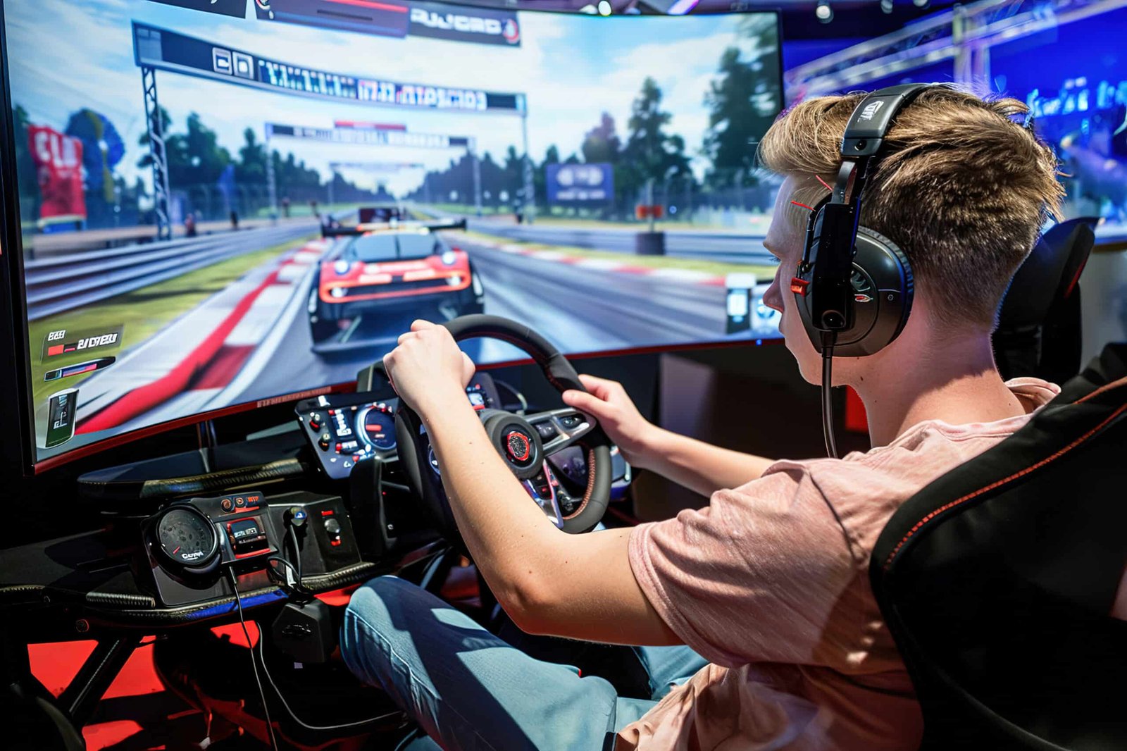 Pilote en casque audio au volant d'un simulateur, face à un grand écran incurvé montrant des voitures de course en piste