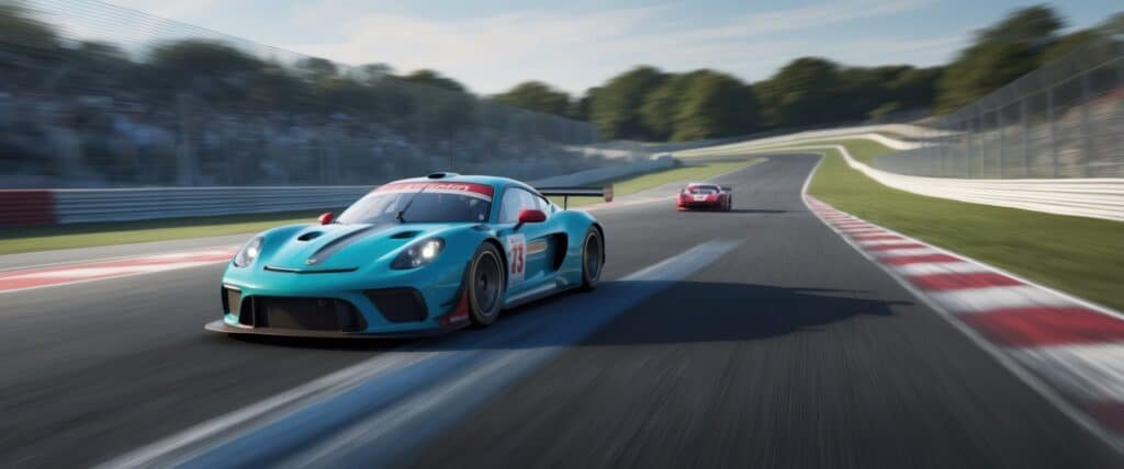 Voiture GT turquoise lancée sur un circuit bordé de vibreurs rouges et blancs, une seconde voiture rouge en arrière-plan