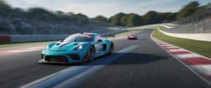 Voiture GT turquoise lancée sur un circuit bordé de vibreurs rouges et blancs, une seconde voiture rouge en arrière-plan