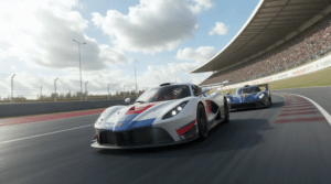 Deux voitures de course GT en courbe devant une tribune, une blanche à bandes bleue et rouge suivie d'une bleue