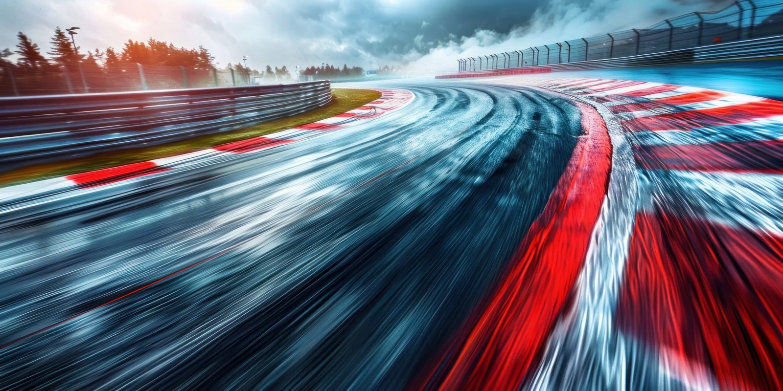 Virage de circuit mouillé vu à pleine vitesse, vibreurs rouges et blancs étirés par le flou de mouvement