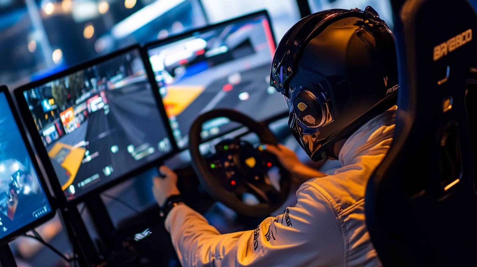 Pilote casqué en combinaison blanche au volant d'un simulateur entouré de trois écrans affichant une course, lors d'un événement en soirée