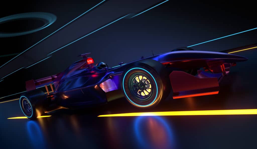 Monoplace de course en image de synthèse, filant sur une piste sombre bordée de néons jaunes et bleus