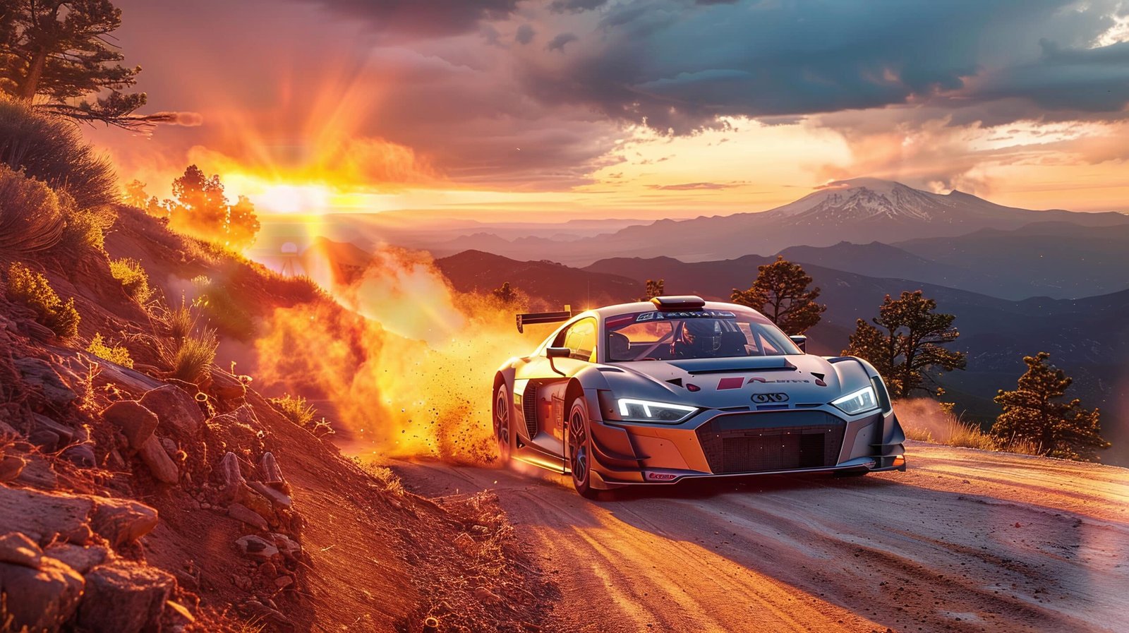 Coupé de course gris et orange en glisse sur une route de montagne en terre au coucher du soleil, projetant un nuage de poussière
