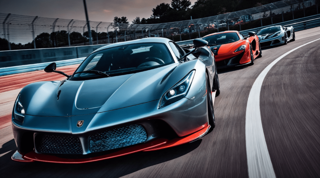 Supercar gris bleu à liserés rouges en tête d'une file de trois voitures dans un virage de circuit
