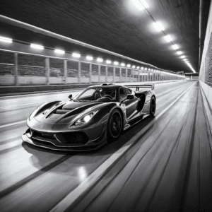 Supercar photographiée en noir et blanc, lancée dans un long tunnel éclairé par des rampes lumineuses