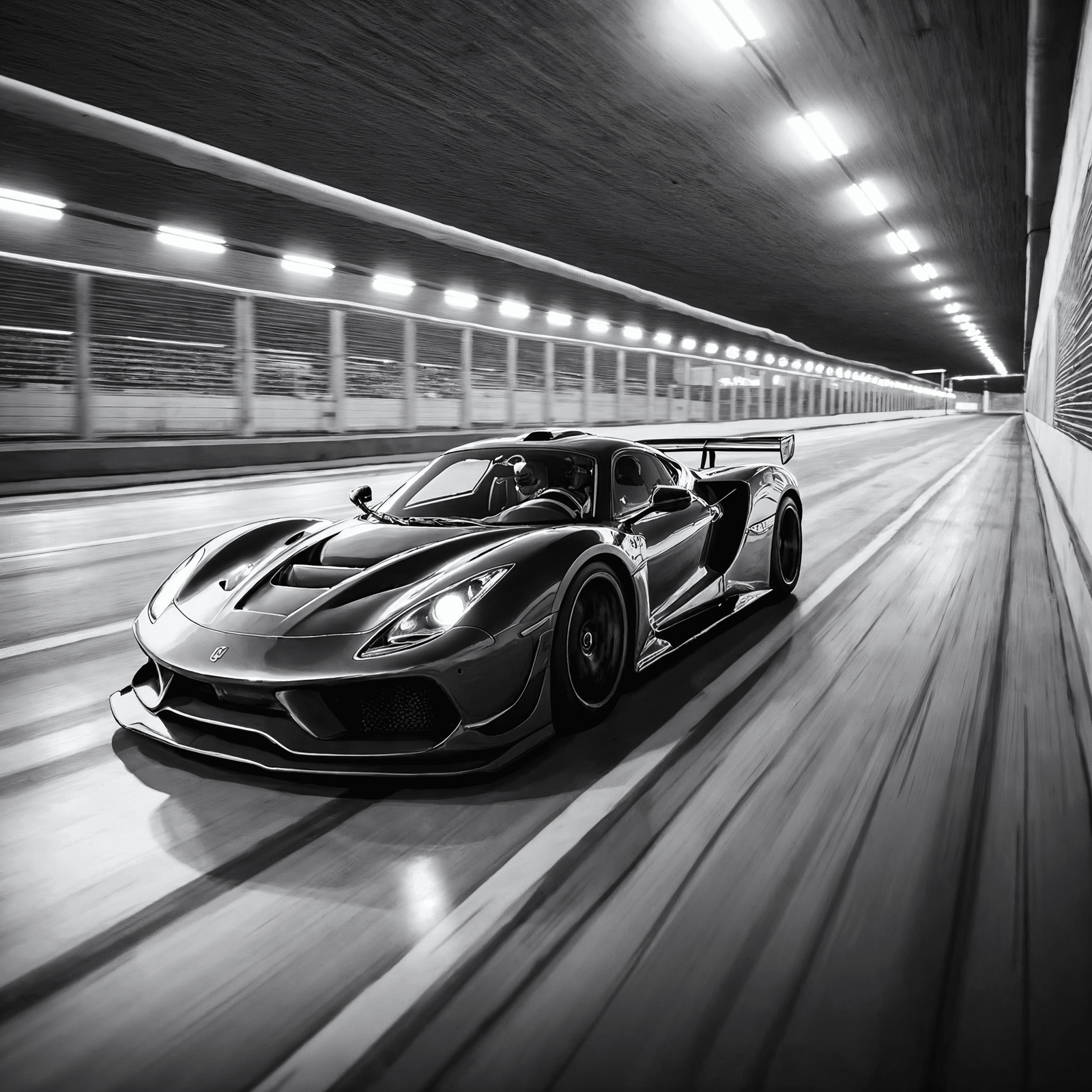Supercar photographiée en noir et blanc, lancée dans un long tunnel éclairé par des rampes lumineuses