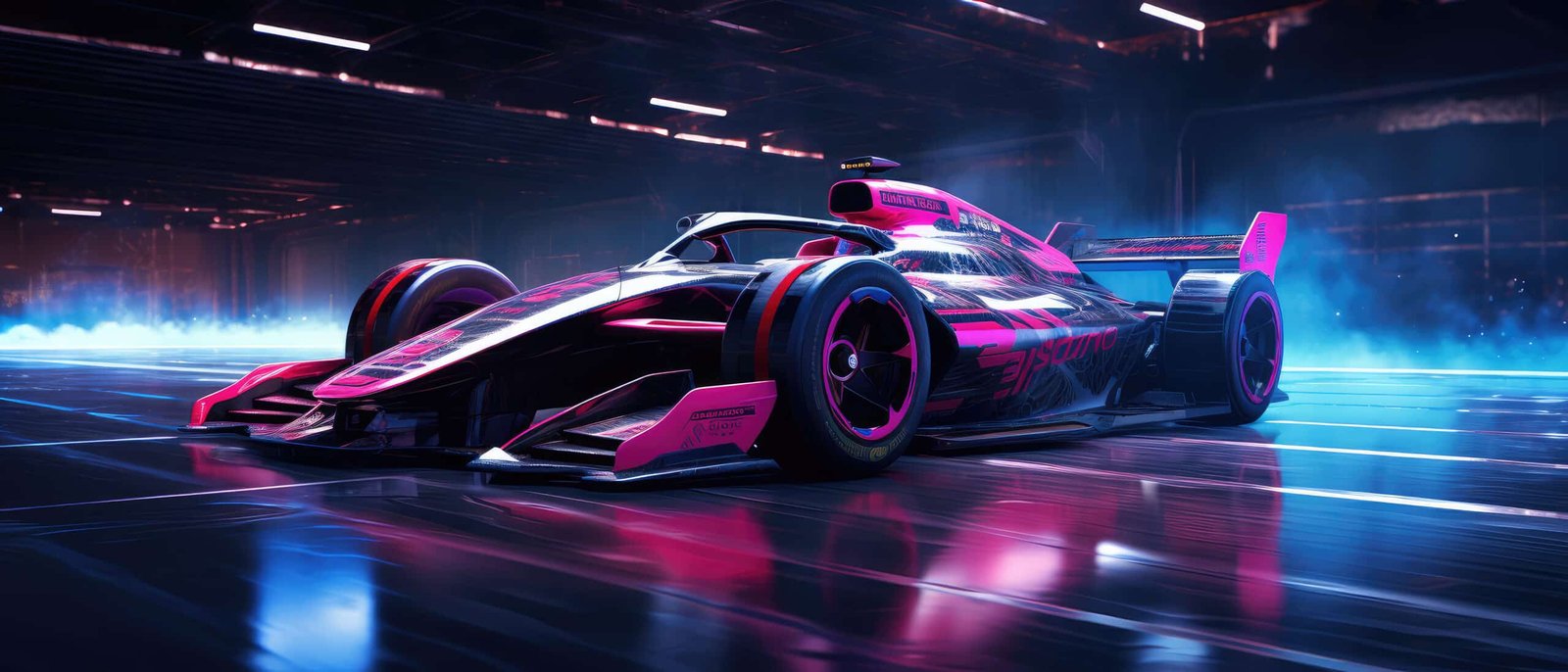 Monoplace futuriste rose et noire lancée à pleine vitesse sur une piste sombre éclairée de néons bleus