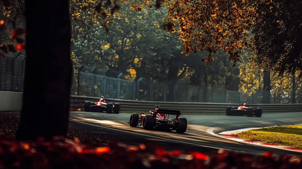 Trois monoplaces rouges en file sur un circuit bordé d'arbres aux feuillages d'automne, vues depuis l'extérieur d'un virage à vibreurs rouges et blancs