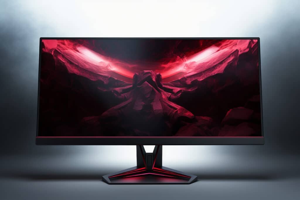 Moniteur ultrawide sur pied en V affichant un fond rouge et noir, devant un fond gris éclairé