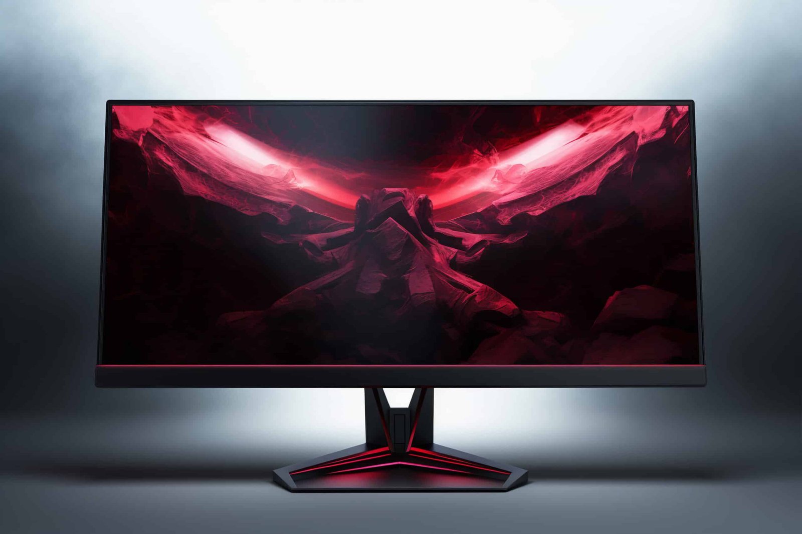 Moniteur ultrawide sur pied en V affichant un fond rouge et noir, devant un fond gris éclairé