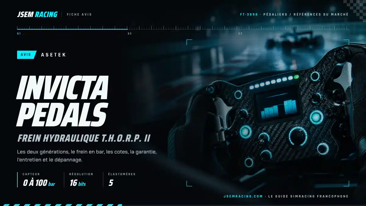 Fiche avis du pédalier Asetek Invicta Pedals avec capteur, résolution et élastomères, sur fond de volant à écran lumineux