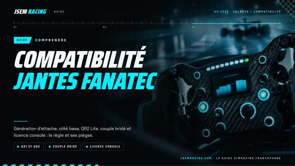 Visuel du guide jsemracing sur la compatibilité des jantes Fanatec : QR1 et QR2, couple bridé, licence console