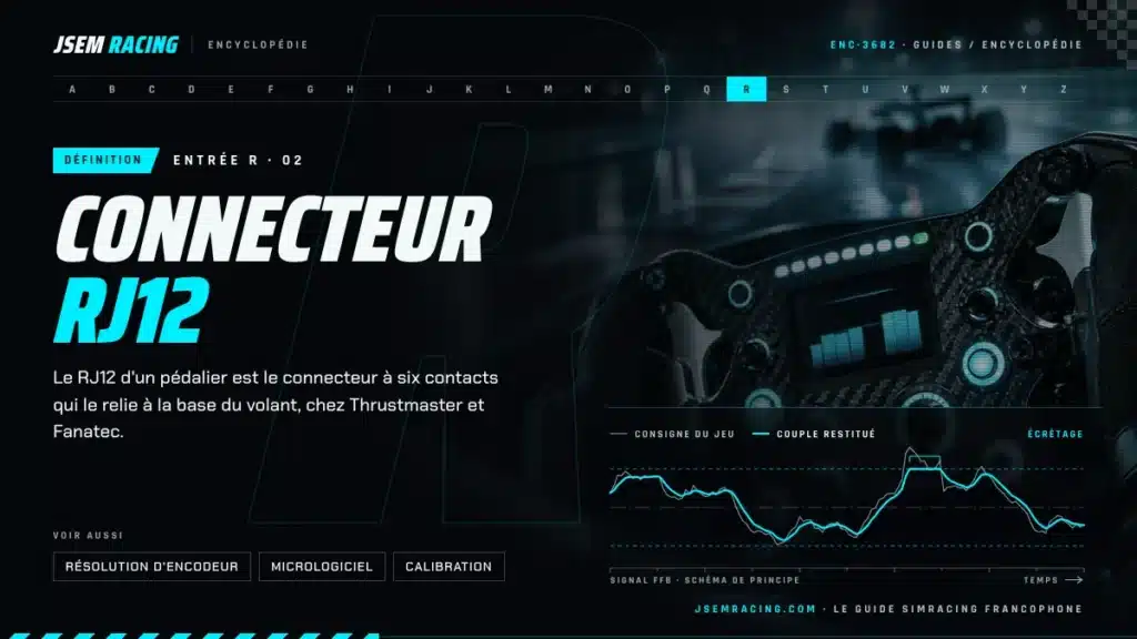 Visuel de l'encyclopédie : connecteur RJ12 d'un pédalier, à six contacts, entre le pédalier et la base