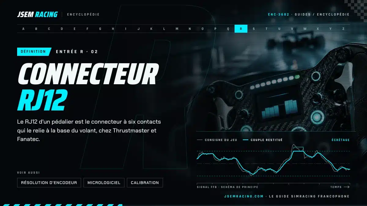 Visuel de l'encyclopédie : connecteur RJ12 d'un pédalier, à six contacts, entre le pédalier et la base