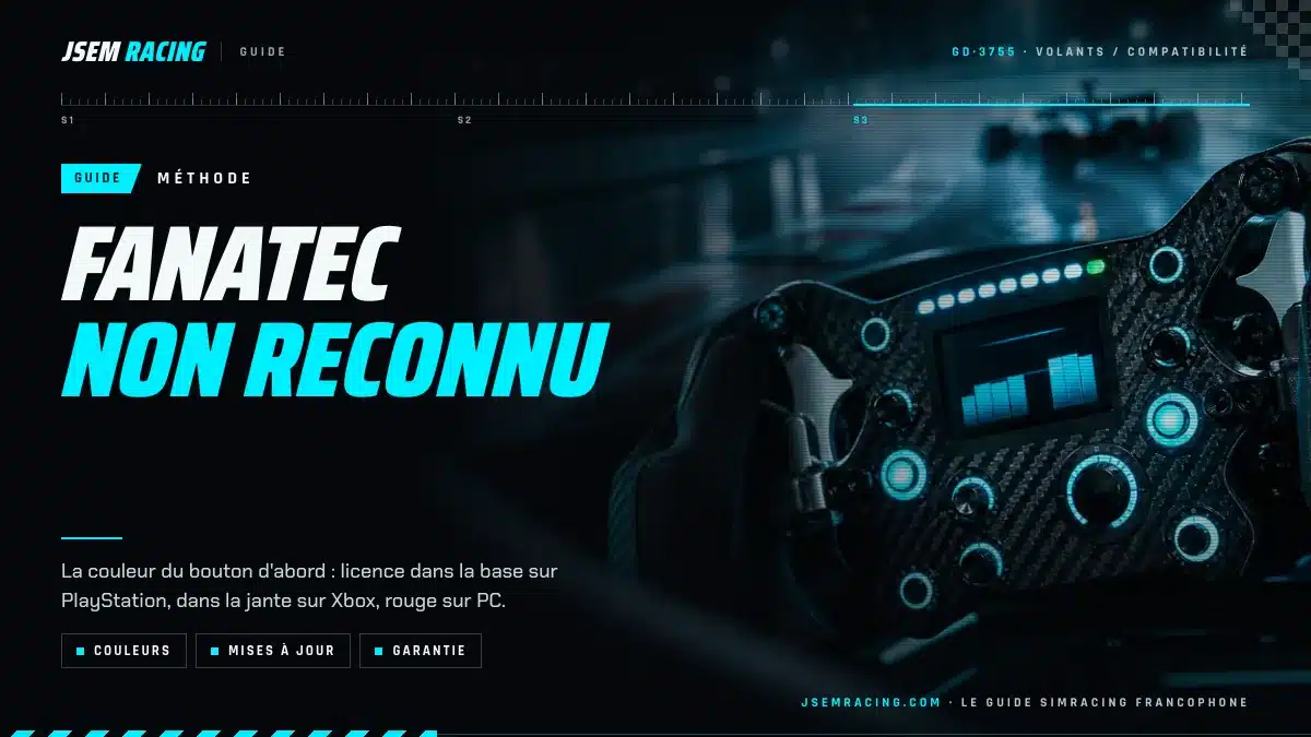 Visuel du guide de dépannage de la base Fanatec non reconnue : couleurs, mises à jour et garantie