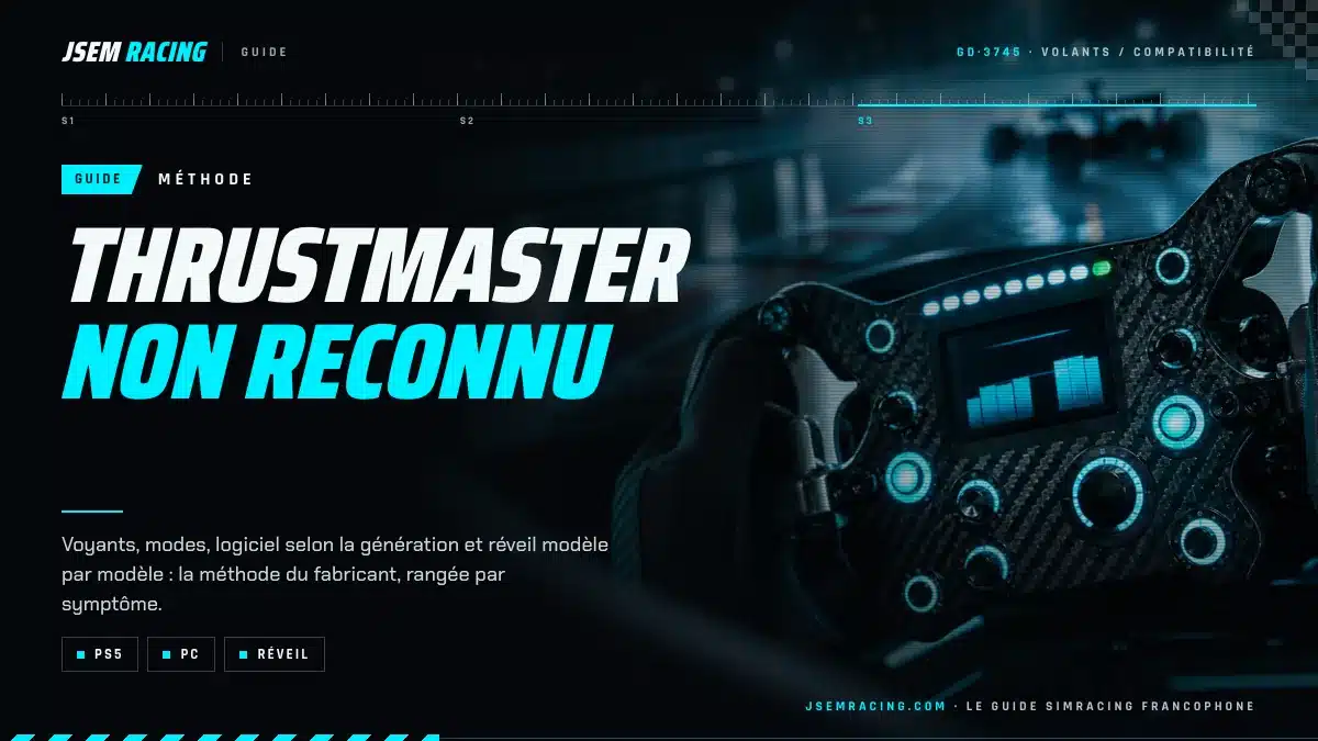 Visuel du guide de dépannage du volant Thrustmaster non reconnu : PS5, PC et réveil