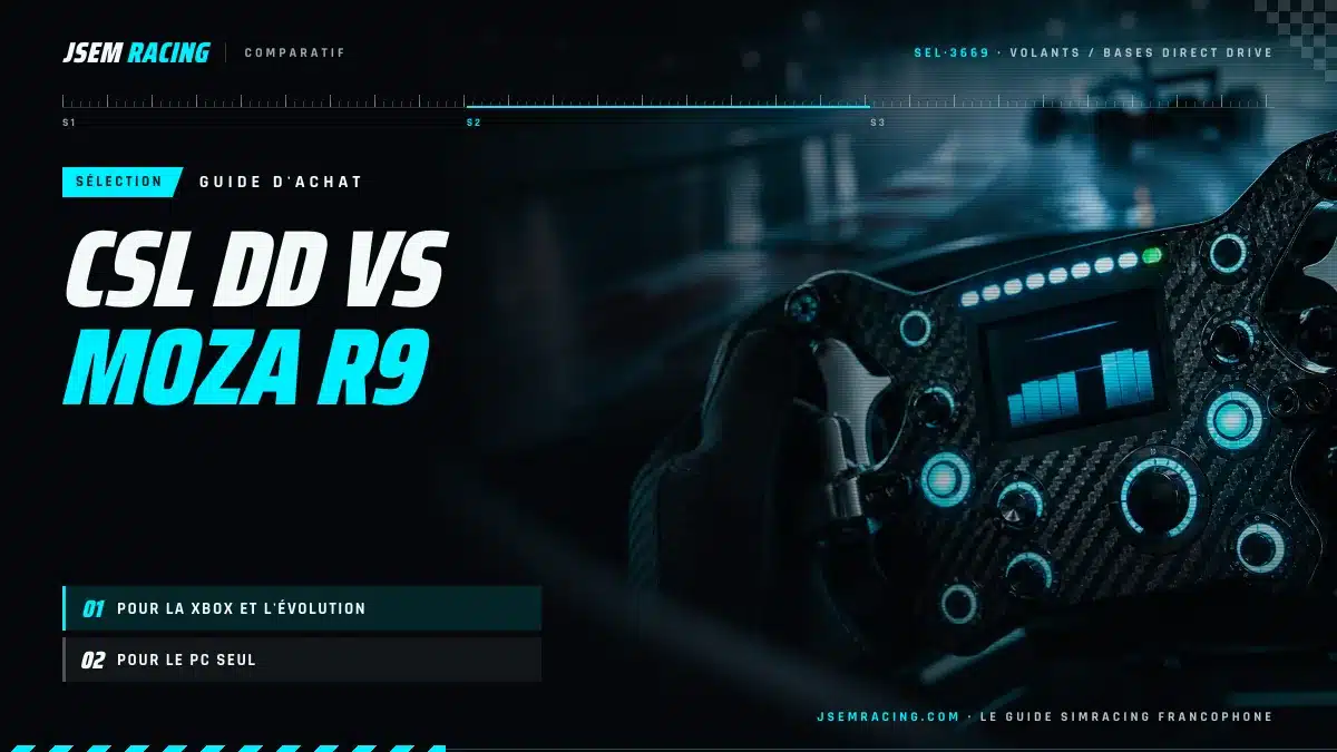 Visuel du comparatif CSL DD vs MOZA R9 : la Fanatec pour la Xbox et l'évolution, la MOZA pour le PC seul
