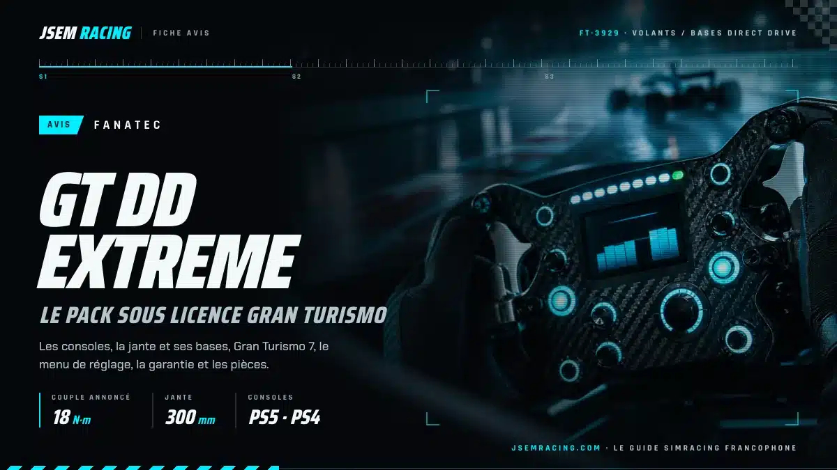 Fiche avis du pack Fanatec GT DD Extreme avec couple annoncé, diamètre de jante et consoles, sur fond de volant à écran