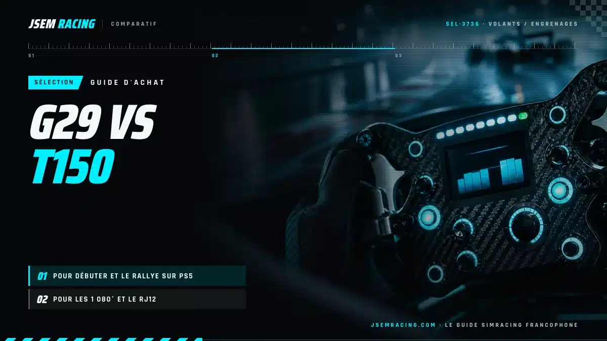 Visuel du duel Logitech G29 contre Thrustmaster T150 : débutant et rallye, ou 1 080° et RJ12