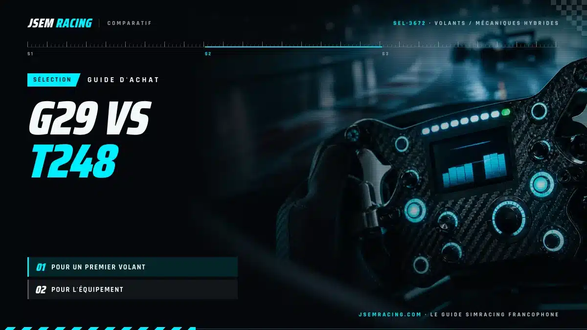 Visuel du comparatif G29 vs T248 : le Logitech pour un premier volant, le Thrustmaster pour l'équipement