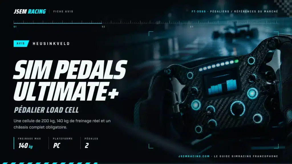 Visuel de la fiche jsemracing du pédalier Heusinkveld Sim Pedals Ultimate+ : 140 kg de freinage, PC, deux pédales