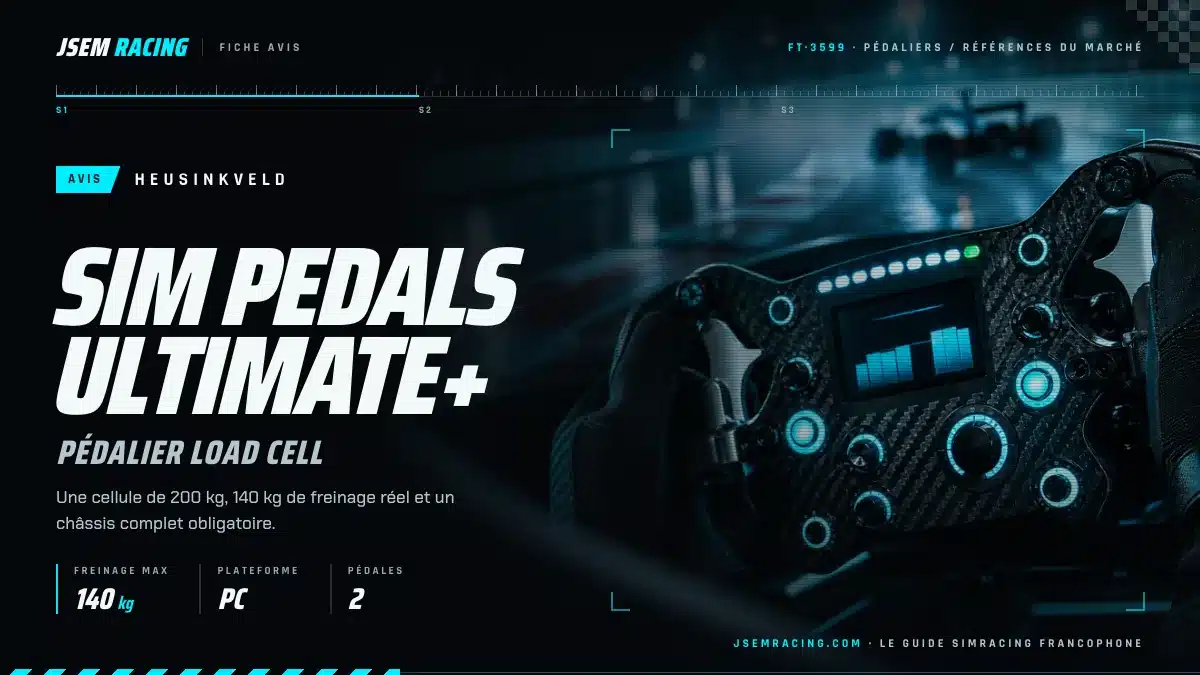 Visuel de la fiche jsemracing du pédalier Heusinkveld Sim Pedals Ultimate+ : 140 kg de freinage, PC, deux pédales