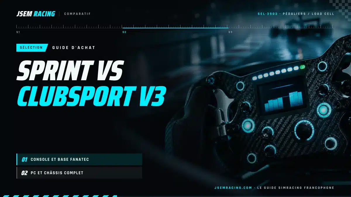 Visuel du duel Heusinkveld Sprint vs ClubSport V3 avec deux profils, console et PC, sur fond de volant à écran lumineux