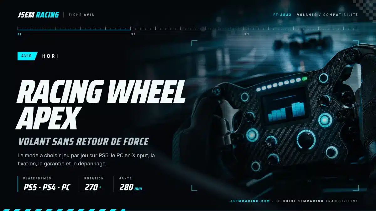 Fiche avis HORI Racing Wheel Apex, volant sans retour de force : PS5, PS4 et PC, 270°, jante de 280 mm