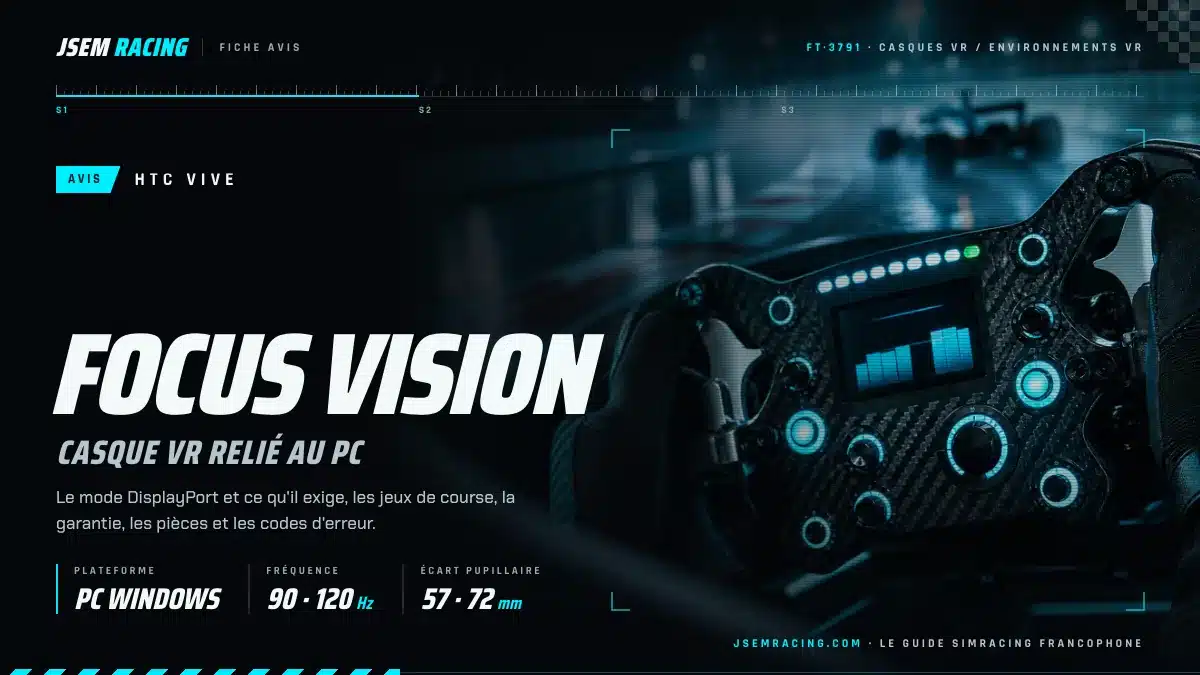 Fiche avis HTC VIVE Focus Vision, casque VR relié au PC : 90 ou 120 Hz, écart pupillaire 57 à 72 mm, devant un volant éclairé
