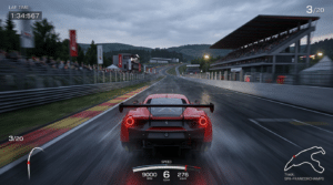 Écran de jeu de course par temps couvert : voiture rouge vue de l'arrière devant les tribunes, 6e rapport, 276 km/h, tracé du circuit affiché