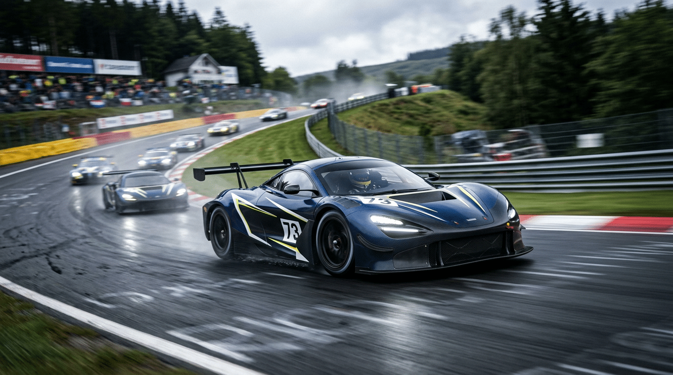 Voiture de course GT bleu nuit en tête d'un peloton sur piste mouillée, dans une courbe bordée de rails