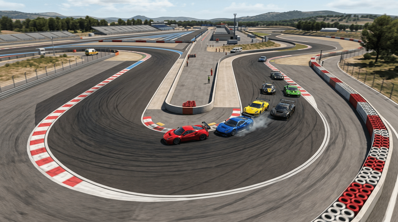 Vue aérienne d'une épingle : six voitures de course de couleurs différentes en file serrée, vibreurs rouges et blancs