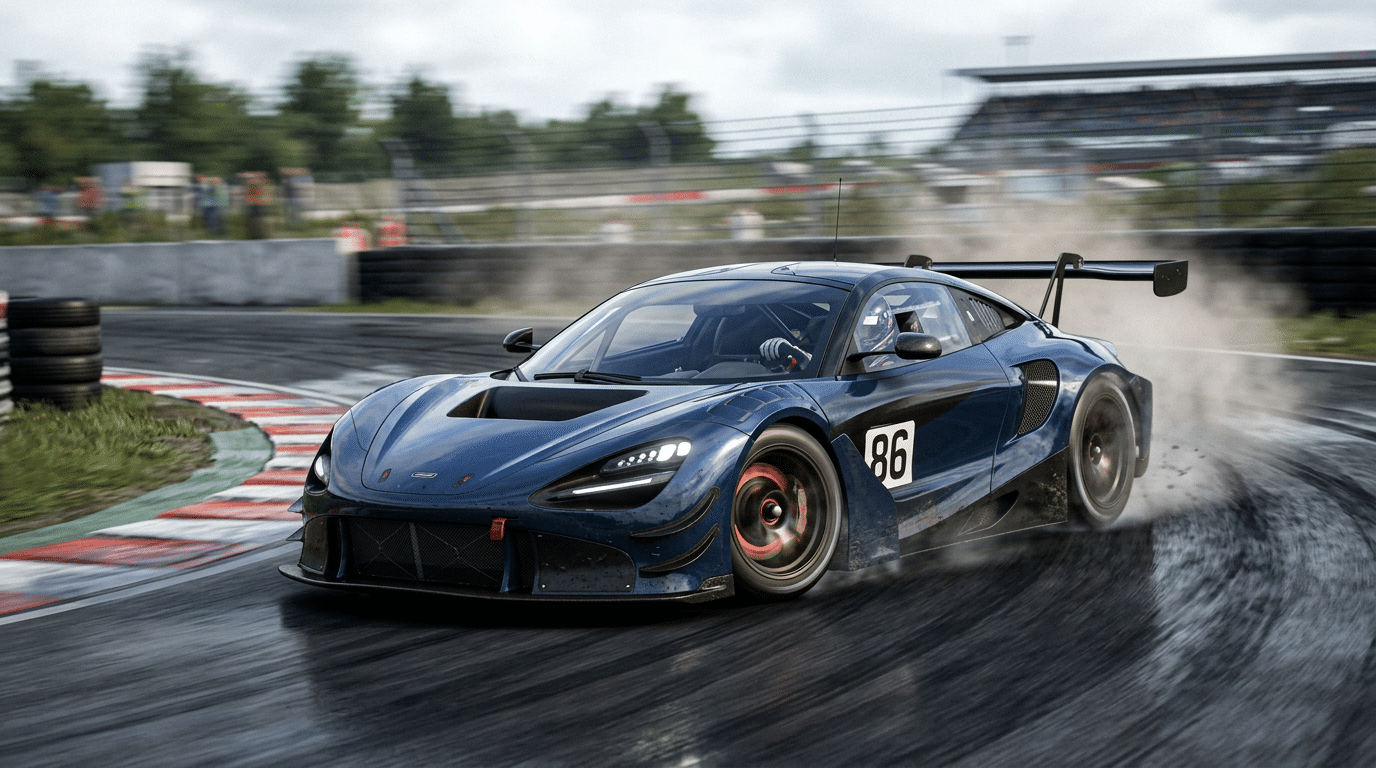 Voiture de course GT bleue numéro 86 en appui sur piste humide, vue de trois quarts avant, vibreur rouge et blanc