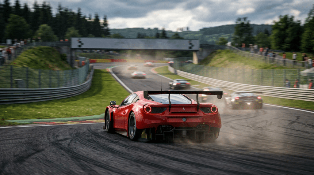 Voiture de course rouge vue de l'arrière à la poursuite d'un peloton, sur une portion de circuit bordée de rails et de talus