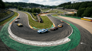 Vue aérienne d'une chicane aux dégagements peints en vert : six voitures de course, une bleue et blanche en tête d'un groupe de trois