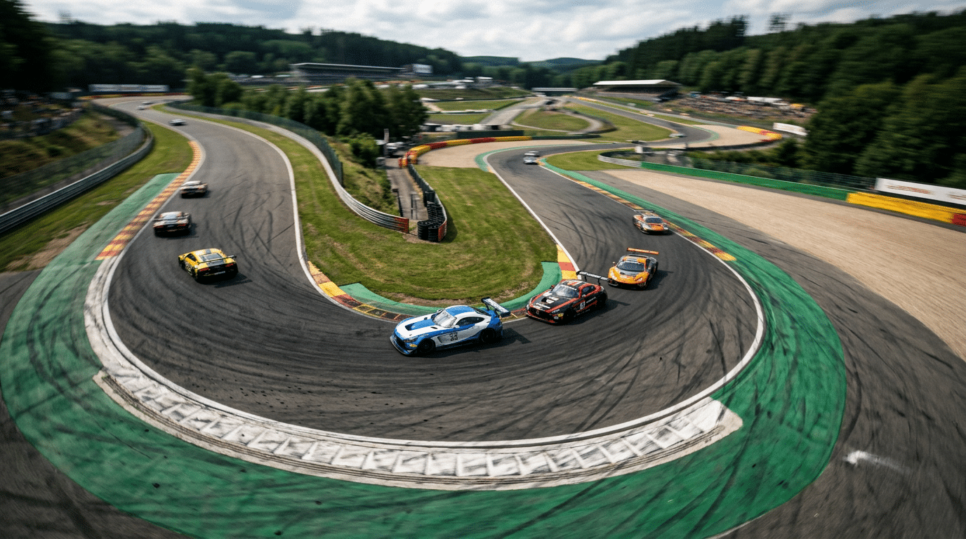 Vue aérienne d'une chicane aux dégagements peints en vert : six voitures de course, une bleue et blanche en tête d'un groupe de trois