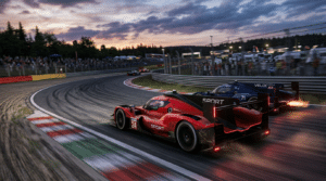 Deux prototypes d'endurance au crépuscule dans une courbe rapide, le rouge numéro 24 devant le bleu numéro 71