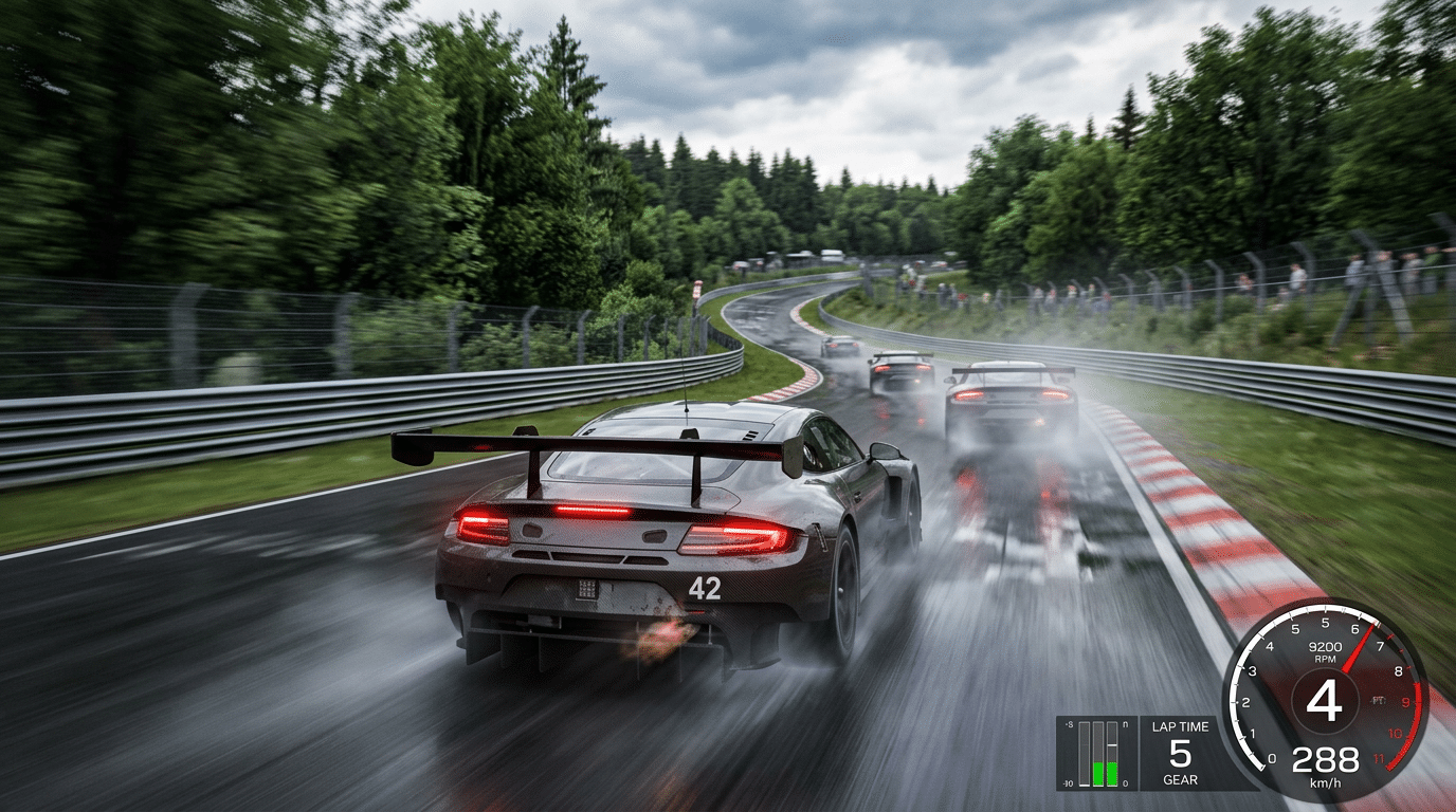 Écran de jeu de course sous la pluie : voiture grise numéro 42 vue de l'arrière derrière deux concurrentes, compteur à 288 km/h