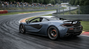 Voiture de sport grise vue de trois quarts arrière dans une courbe, aileron fixe et disques de frein rougis