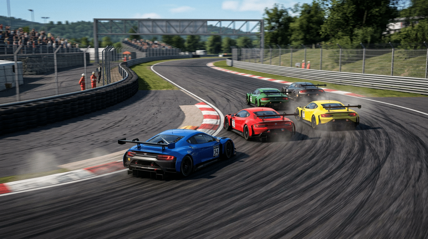 Quatre voitures de course GT, bleue, rouge, jaune et verte, groupées à l'entrée d'une courbe