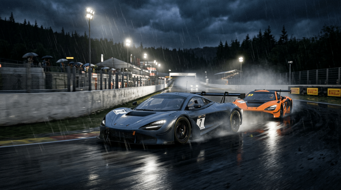 Deux voitures de course GT sous la pluie, de nuit, sur un circuit éclairé : la grise numéro 7 devant une orange