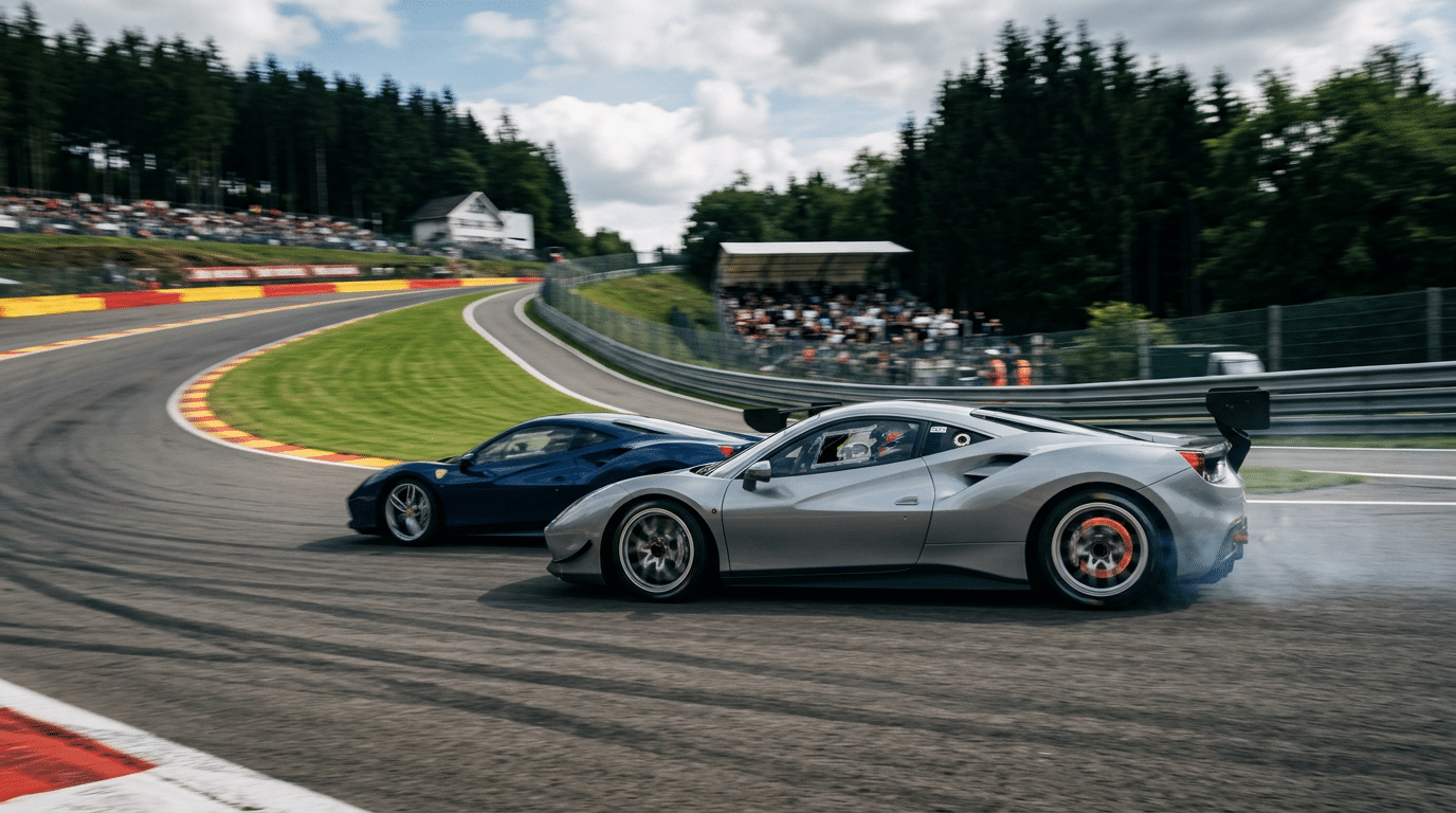 Deux voitures de course GT côte à côte en appui dans une courbe, la grise à l'extérieur de la bleue, tribunes en fond