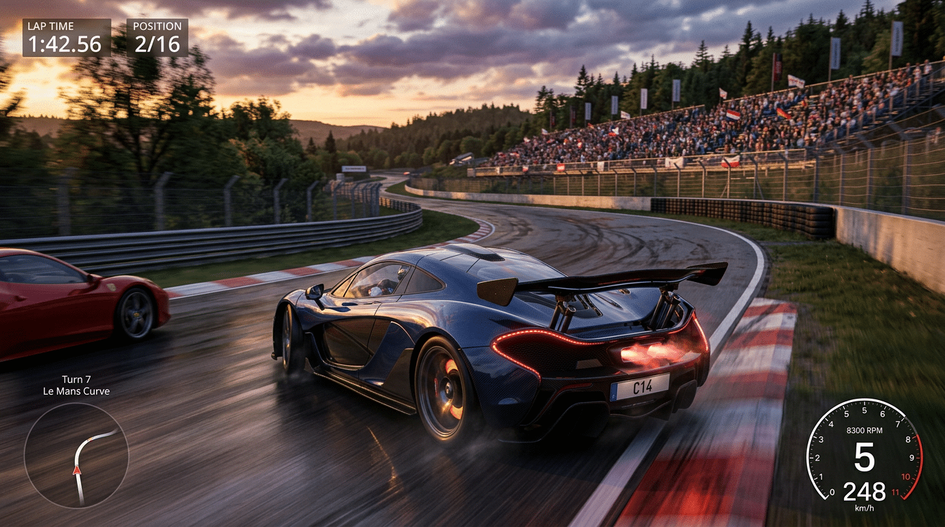 Écran de jeu de course au coucher du soleil : voiture bleu nuit vue de trois quarts arrière, position 2 sur 16, compteur à 248 km/h